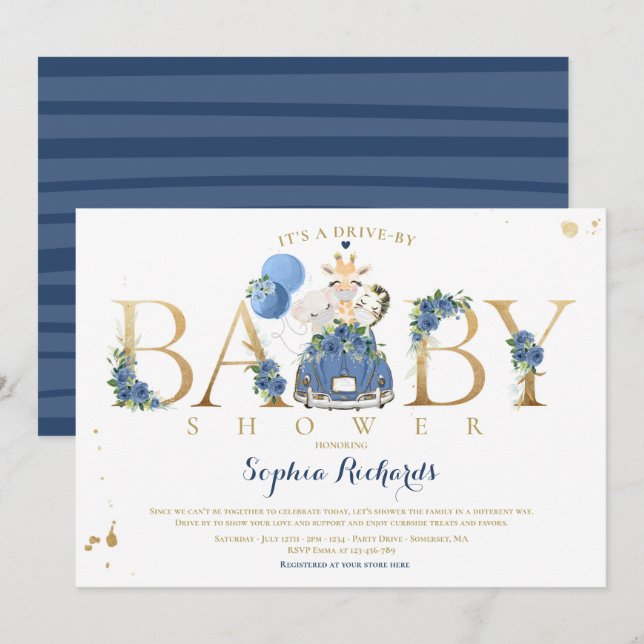 Navy Floral Safari Tiere mit Babydusche Einladung (Vorne/Hinten)