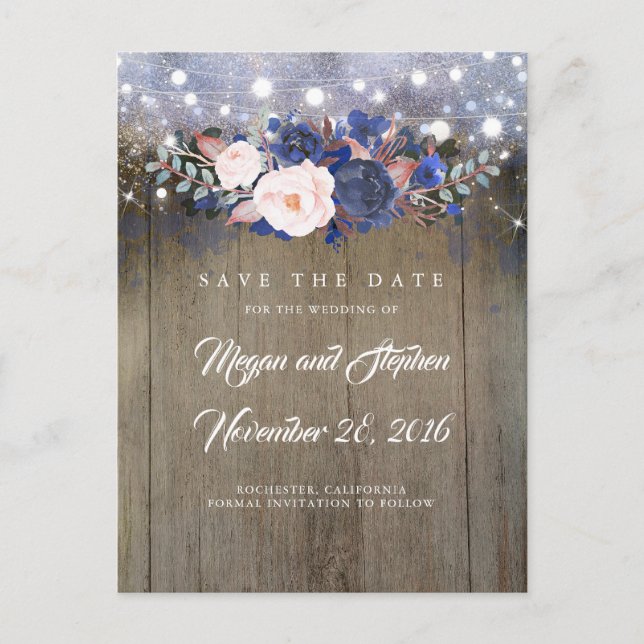 Navy Floral Save the Date Ankündigungspostkarte (Vorderseite)