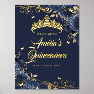 Navy Floral Swirl Quinceanera Willkommensschild Go Foliendrucke