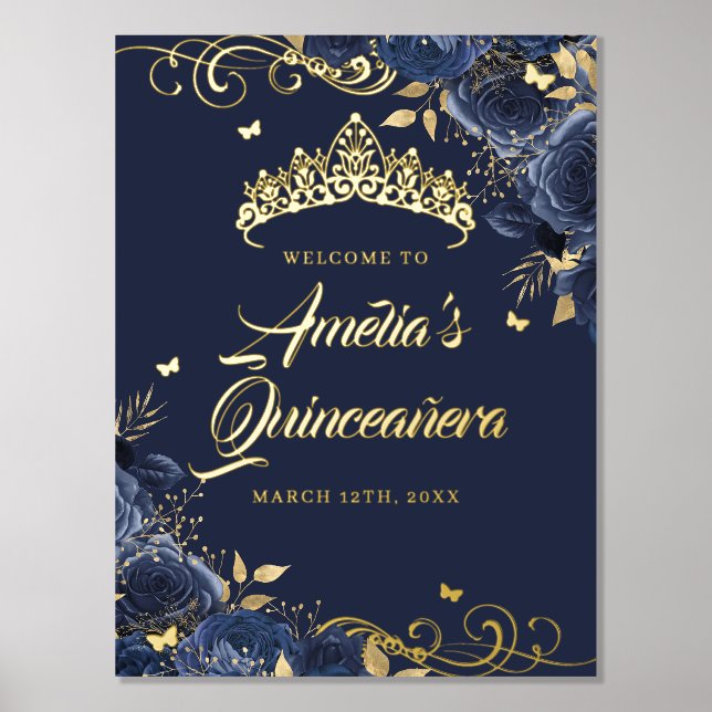 Navy Floral Swirl Quinceanera Willkommenszeichen G Foliendrucke (Vorderseite)