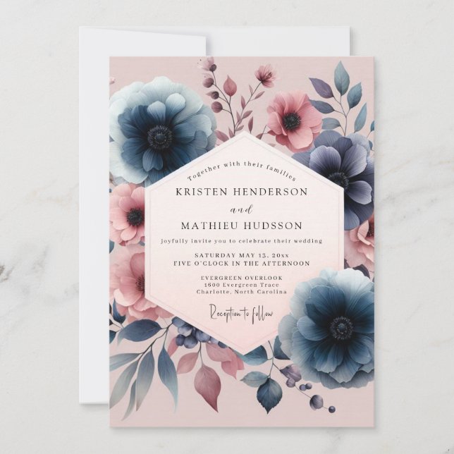Navy Floral Vintage Romance Wedding Einladung (Vorderseite)