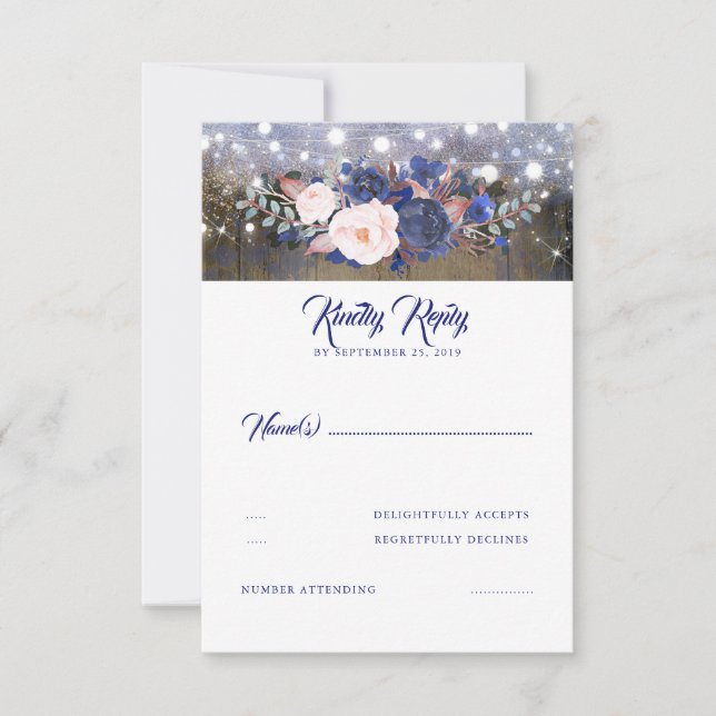 Navy Florals Rustic Wedding RSVP (Vorderseite)