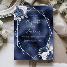 Navy Foil Dusty Blue Silver Floral Wedding Einladung