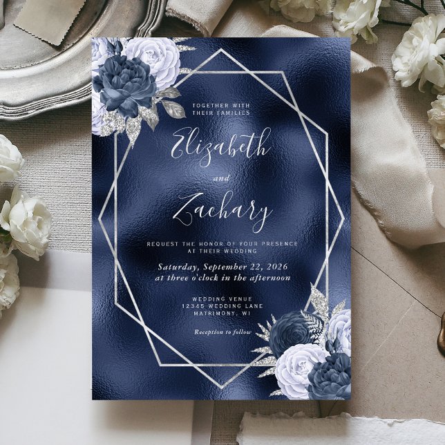 Navy Foil Dusty Blue Silver Floral Wedding Einladung (Von Creator hochgeladen)