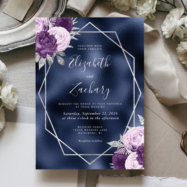 Navy Foil Lilac Lila Silver Floral Wedding Einladung (Von Creator hochgeladen)