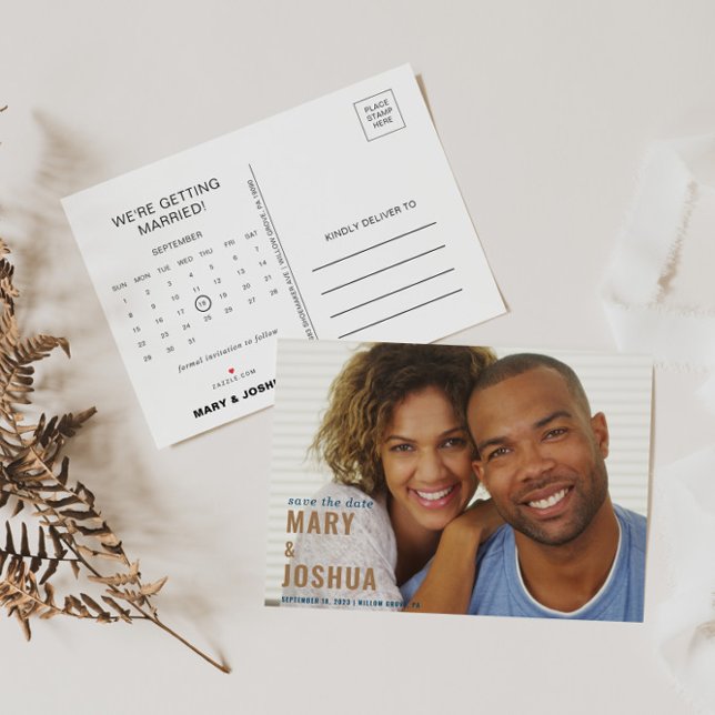 Navy Foto Wedding Save the Date Calendar Ankündigungspostkarte (Von Creator hochgeladen)
