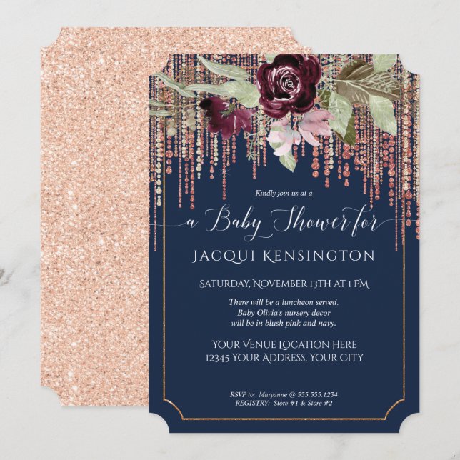 Navy Fringe Rose Gold Burgundy Floral Baby Dusche Einladung (Vorne/Hinten)