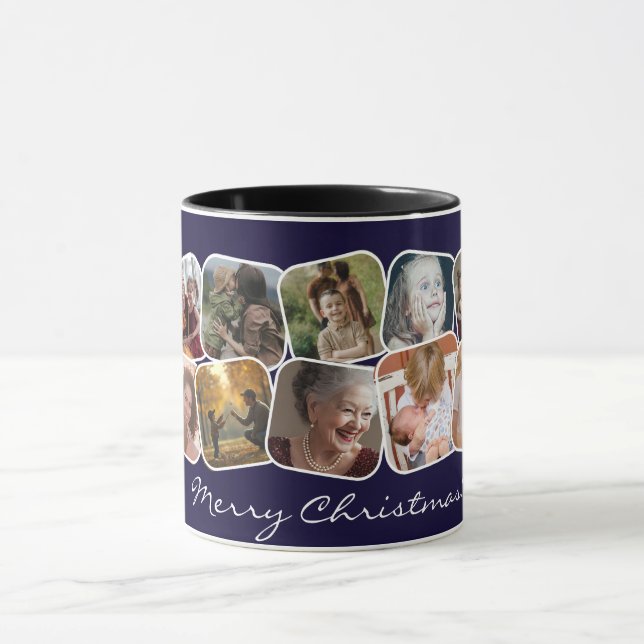 Navy Frohe Weihnachten 10 Foto Collage Tasse (Zentrum)