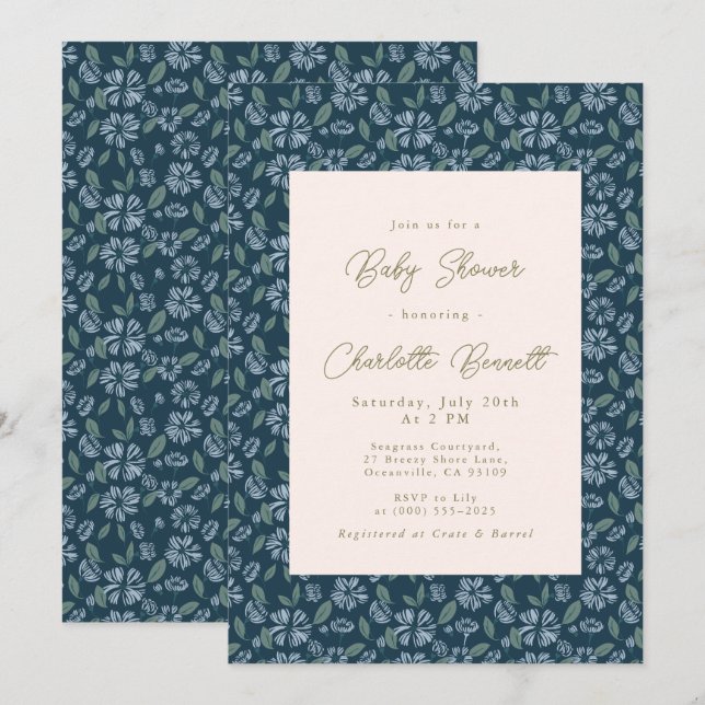 Navy Frost Bloom Floral Baby Dusche Einladung (Vorne/Hinten)