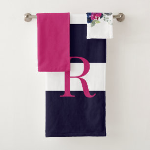 Navy & Fuchsia Blumenmonogramm Badhandtuch Set