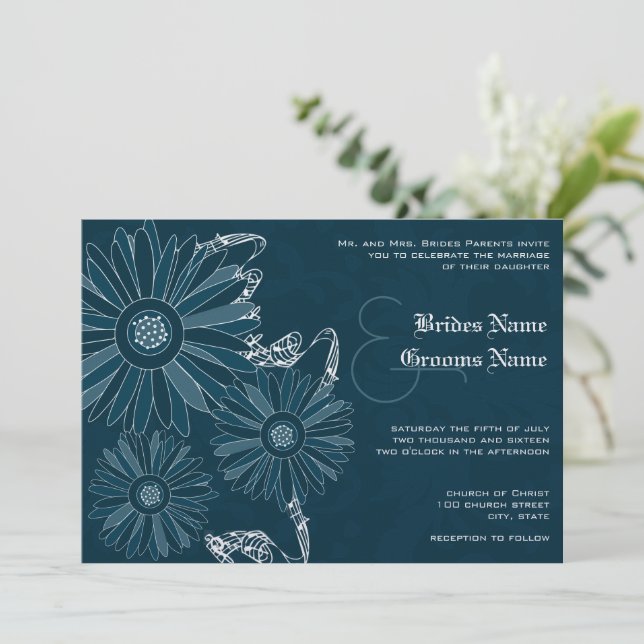 Navy Gerber Daisy Wedding Invite Einladung (Stehend Vorderseite)