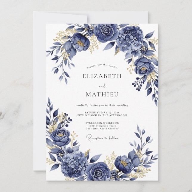 Navy Gilded Bloom Romance Wedding Einladung (Vorderseite)