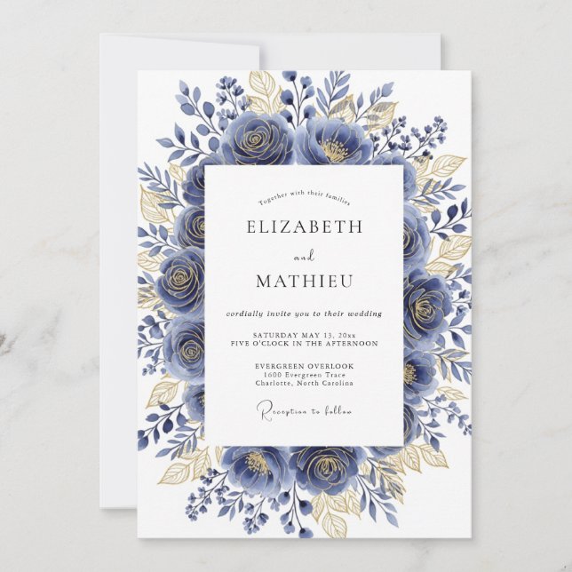 Navy Gilded Bloom Romantic Wedding Einladung (Vorderseite)