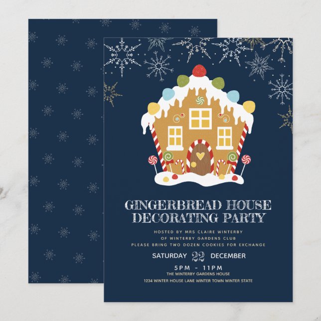 Navy Gingerbread House Decoration Party Einladung (Vorne/Hinten)