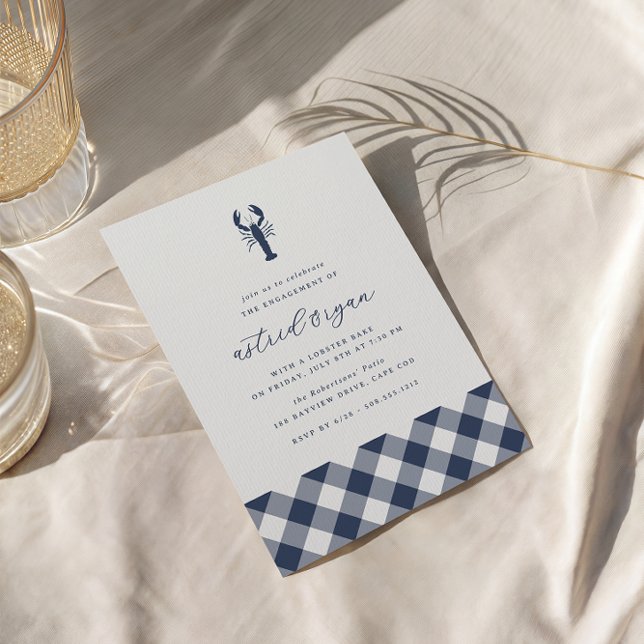 Navy Gingham | Lobbake-Engagement-Partei Einladung (Coastal lobster engagement party invitations)