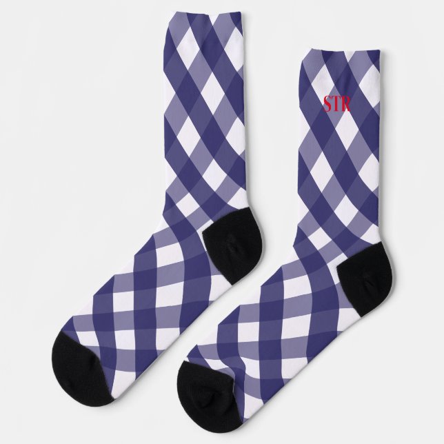 Navy Gingham Mit Monogramm Pattern Socks Socken (Linkes Detail)