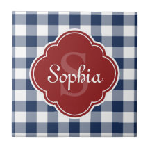 Navy Gingham Red Quatrefoil Monogramm