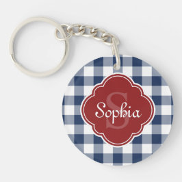 Navy Gingham Red Quatrefoil Monogramm Schlüsselanhänger