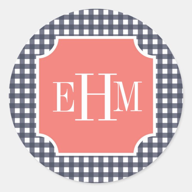 Navy Gingham Runder Aufkleber (Vorderseite)