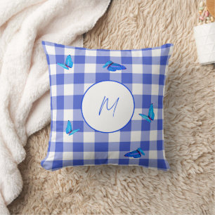 Navy Gingham Schmetterling Elegantes Monogramm Kissen