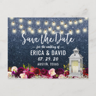 Navy Glitzer Rustic Lantern Blume Save the Date Ankündigungspostkarte