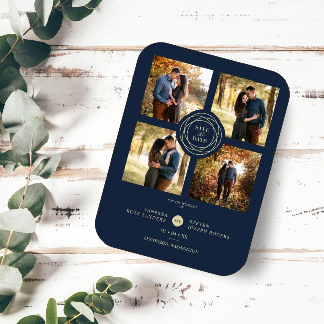 Navy Gold 4 Photos Modern Collage Wedding Script Magnet (Von Creator hochgeladen)