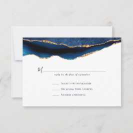 Navy Gold Agate Geode Marble Wedding RSVP Karte