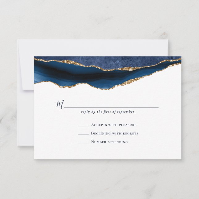 Navy Gold Agate Geode Marble Wedding RSVP Karte (Vorderseite)