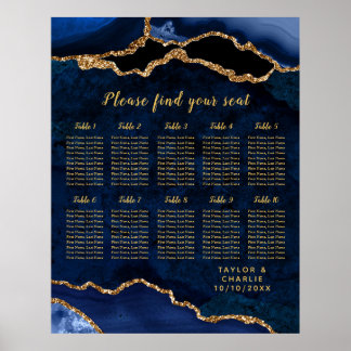 Navy Gold Agate Wedding Seating Chart 10 Table Poster