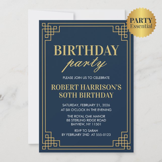 Navy Gold Art Deco 80th Birthday Party Invitation (Créateur téléchargé)