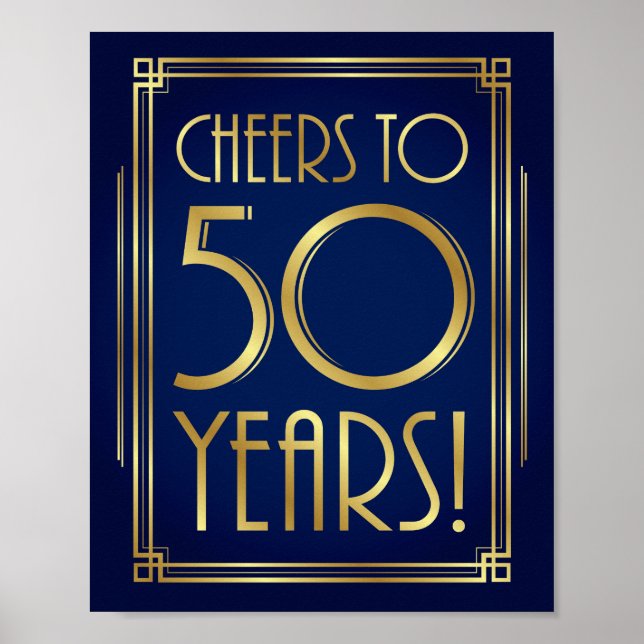 Navy Gold Art Déco BIETET 50 JAHRE Signatur Poster (Vorne)