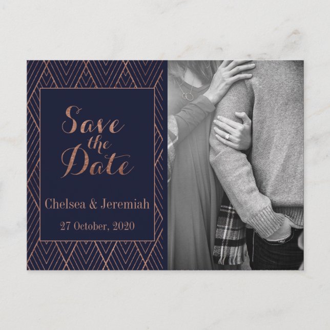 Navy Gold Art Deco Foto Save the Date Postkarte (Vorderseite)