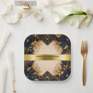 Navy-Gold-Art-Déco-Gatsby-Hochzeitsdinner-Quadrat Pappteller