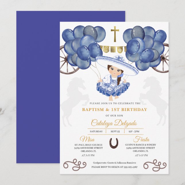 Navy & Gold Baby Charra Mexican Balloons Taufe Einladung (Vorne/Hinten)