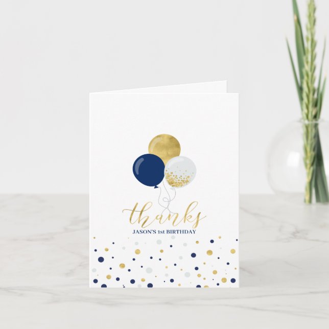 Navy & Gold Balloons 1st Boy Birthday Vielen Dank Dankeskarte (Vorderseite)