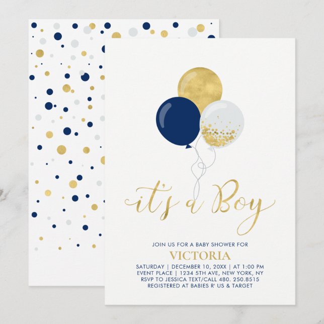 Navy & Gold Balloons | Es ist eine Baby-Dusche Einladung (Vorne/Hinten)