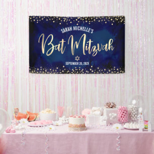 Navy Gold Bat Mitzvah Modern Foil Glitzer Script Banner