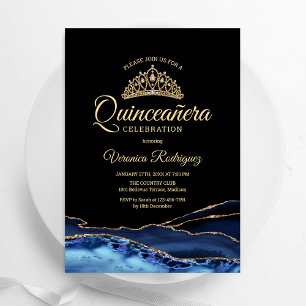 Navy Gold Black Agate Marmor Quinceanera Einladung