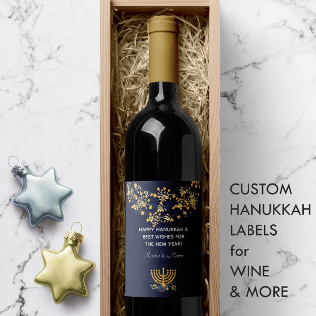 Navy & Gold Blume Menorah Navy Happy Hanukkah Weinetikett (Navy & Gold Flowers Menorah Navy Happy Hanukkah Wine Label
)