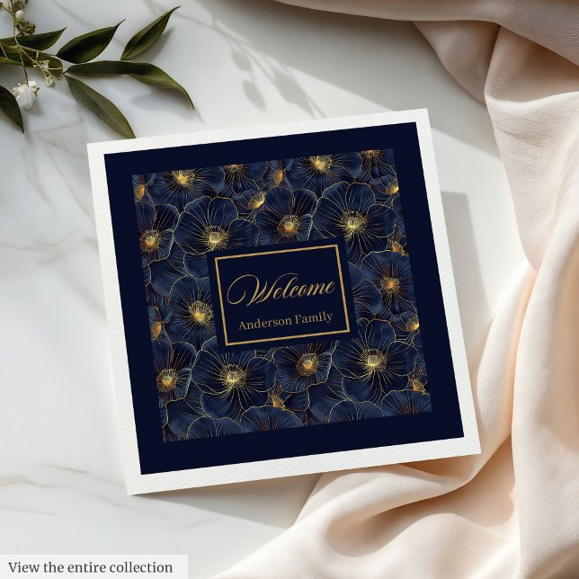 Navy Gold Blume Napkins Moderne Monogram Style Serviette (Navy Gold Flower Napkins Modern Monogram Style)