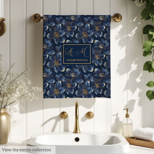 Navy Gold Blumen-Badehandtücher Chic Personalisier Badhandtuch Set (Navy Gold Floral Bath Towels Chic Personalized Set)