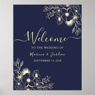 Navy Gold Blumen Hochzeits Willkommen Poster
