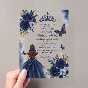 Navy Gold Blumen Schmetterling Prinzessin Sweet 16 Acryleinladungen