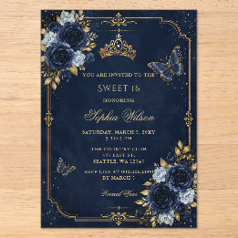 Navy Gold Blumen Schmetterling Sweet 16 Acryleinladungen