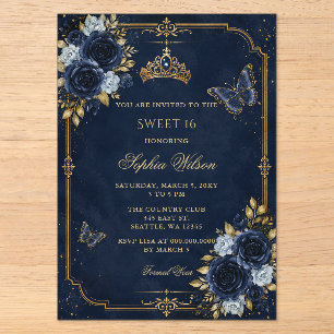 Navy Gold Blumen Schmetterling Sweet 16 Acryleinladungen
