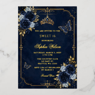 Navy Gold Blumen Schmetterling Sweet 16 Folieneinladung