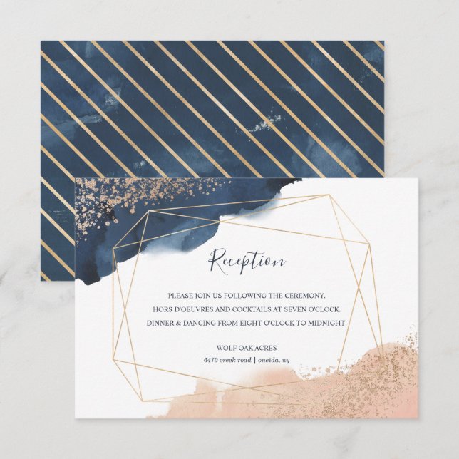 Navy, Gold, Blush mit geometrischem Rahmen Empfang Einladung (Vorne/Hinten)