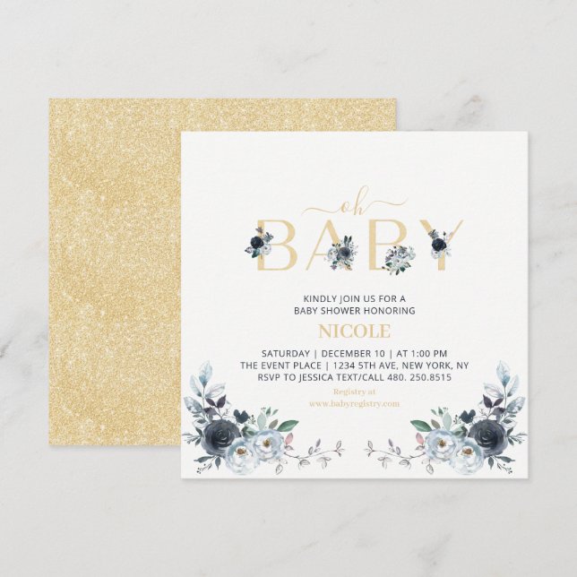 Navy & Gold Boho Floral Baby Showplatz Einladung (Vorne/Hinten)