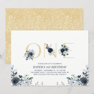 Navy & Gold Boho Floral Erstes 1. Geburtstagsfeier Einladung