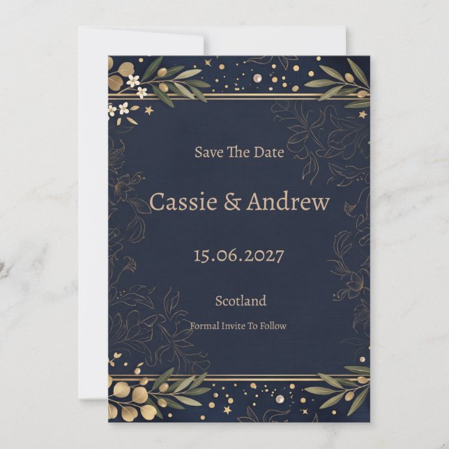 Navy Gold Botanische Hochzeit Save The Date (Vorderseite)